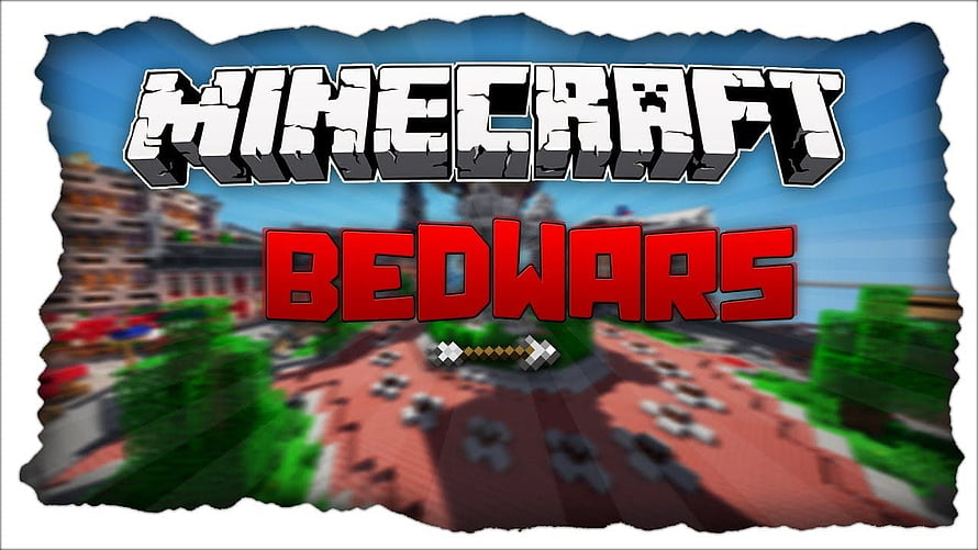 Minecraft Bedwars Gameplay Scene With Blocky Arena and Bold Title Text HD wallpaper