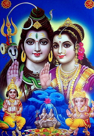 Lord Shiva and Goddess Parvati with Ganesha and Kartikeya Hindu Deities Wallpaper HD phone wallpaper