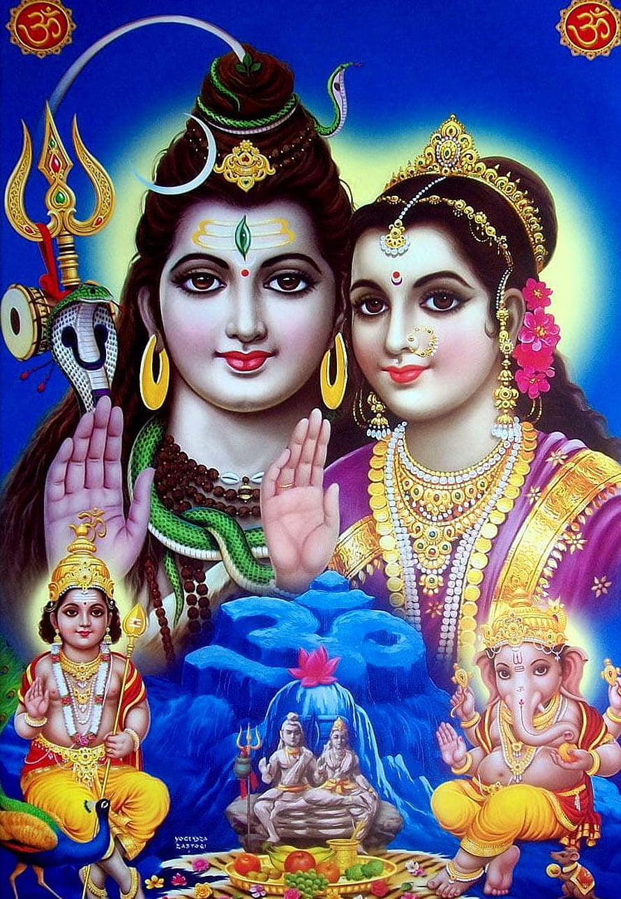 Lord Shiva and Goddess Parvati with Ganesha and Kartikeya Hindu Deities Wallpaper HD phone wallpaper