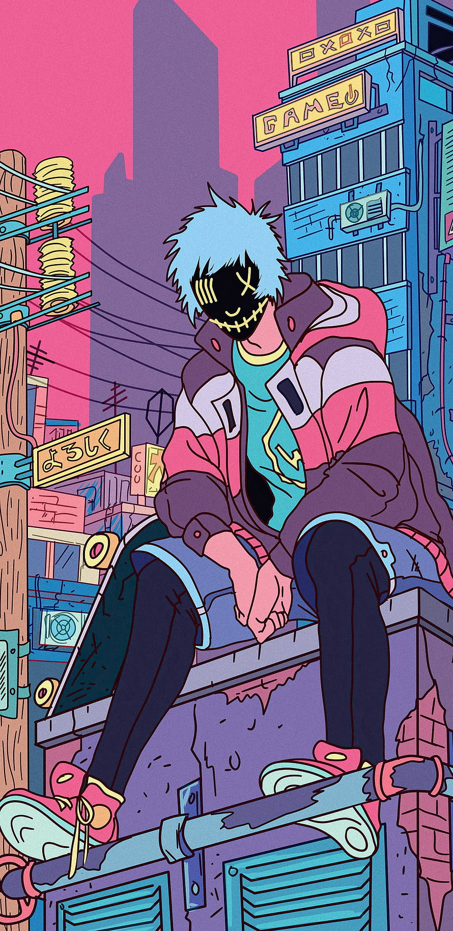 Cyberpunk Anime Boy with Mask Sitting on Rooftop in Neon City HD phone wallpaper