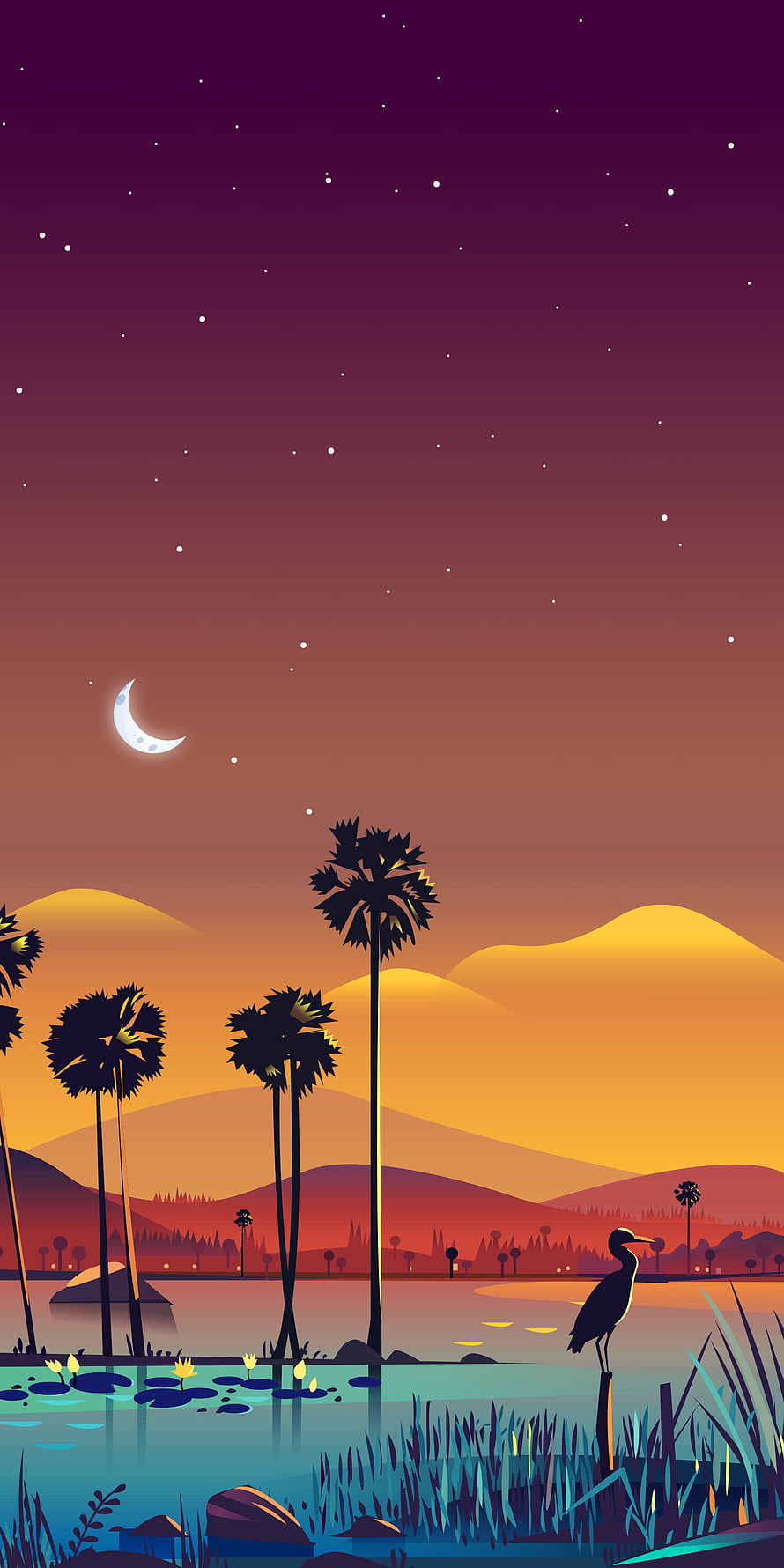 Serene Night Landscape With Palm Trees, Crescent Moon, and Heron By The Lake HD phone wallpaper