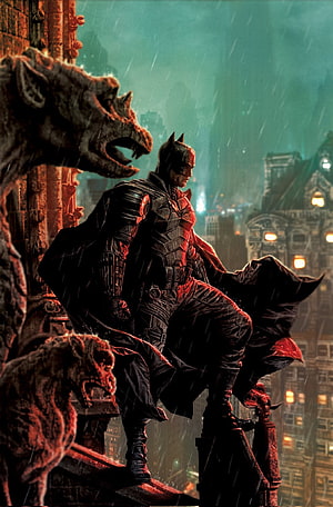 Batman standing on a gothic gargoyle in the rain overlooking a dark city skyline, The Batman, Robert Pattinson, joker, DC comics, DC universe HD phone wallpaper