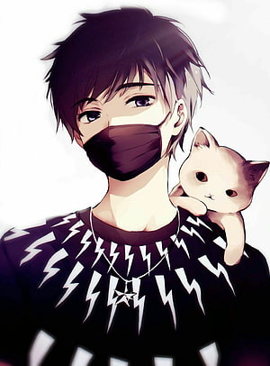 Anime Boy With Black Mask And Kitten On Shoulder HD phone wallpaper
