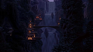Mystical Asian Village at Night with Glowing Lanterns and Waterfall HD wallpaper