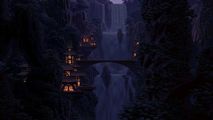 Mystical Asian Village at Night with Glowing Lanterns and Waterfall HD wallpaper