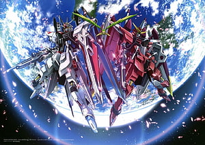 Gundam Seed Destiny Mobile Suits Floating Above Earth With Cherry Blossoms HD wallpaper