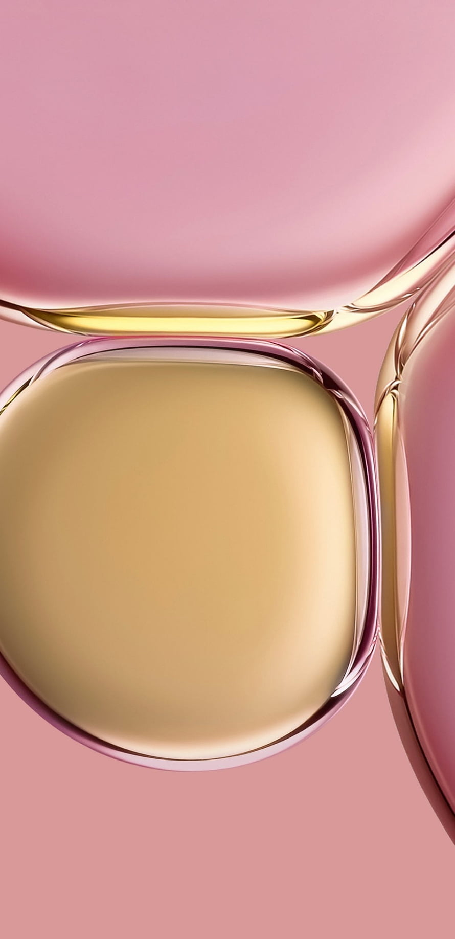 Abstract 3D Render of Glossy Gold and Pink Liquid Bubbles on a Soft Rose Background HD phone wallpaper