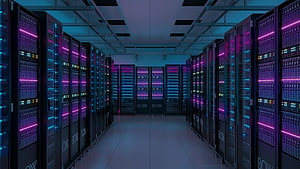 Neon-lit server room with rows of glowing computer racks in a futuristic data center HD wallpaper