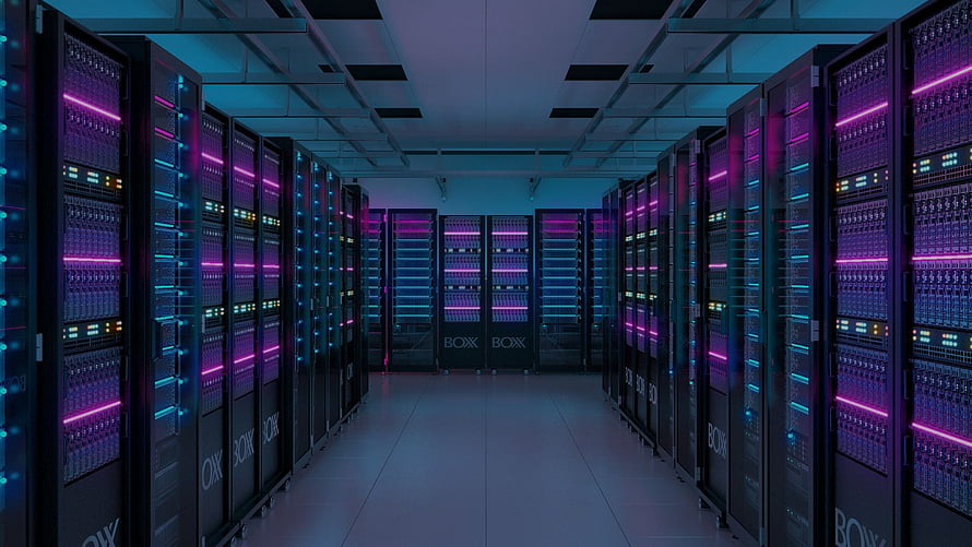 Neon-lit server room with rows of glowing computer racks in a futuristic data center HD wallpaper