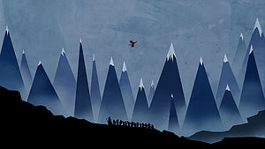 Lord of the Rings Minimalist Mountain Landscape with Silhouetted Figures and Red Bird HD wallpaper