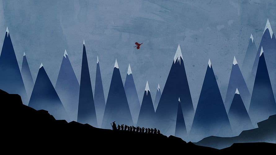 Lord of the Rings Minimalist Mountain Landscape with Silhouetted Figures and Red Bird HD wallpaper
