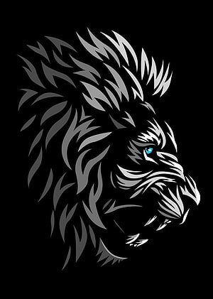 Stylized Tribal Lion Head Vector Art With Blue Eye On Black Background HD phone wallpaper