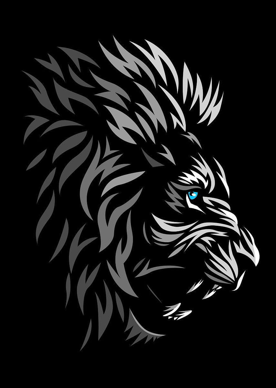 Stylized Tribal Lion Head Vector Art With Blue Eye On Black Background HD phone wallpaper