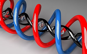 Glossy 3D Abstract Artwork Featuring Interlocking Red Blue And Black Spirals HD wallpaper