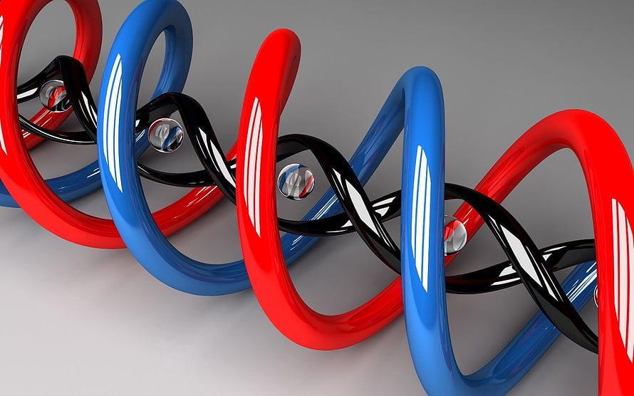Glossy 3D Abstract Artwork Featuring Interlocking Red Blue And Black Spirals HD wallpaper