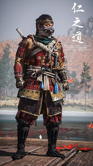 Jin Sakai in ornate samurai armor standing on a wooden dock with autumn maple leaves and misty water in Ghost of Tsushima HD phone wallpaper