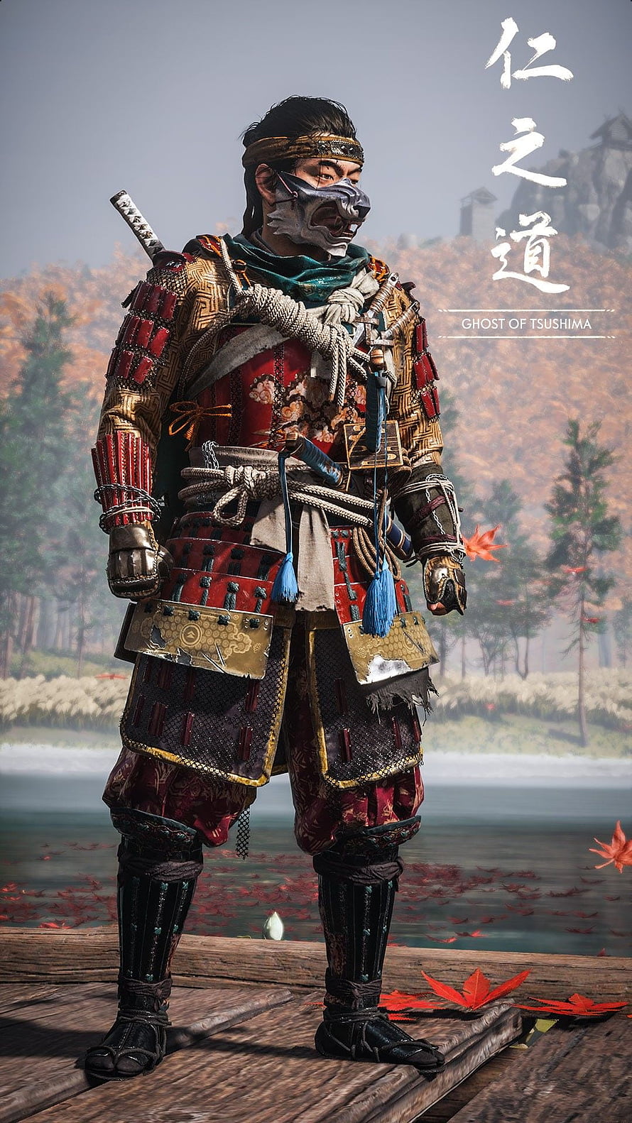 Jin Sakai in ornate samurai armor standing on a wooden dock with autumn maple leaves and misty water in Ghost of Tsushima HD phone wallpaper