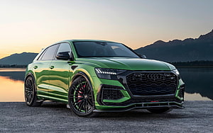 Green Audi RS Q8 R ABT Sportline Tuned SUV Parked by Lake at Sunset HD wallpaper