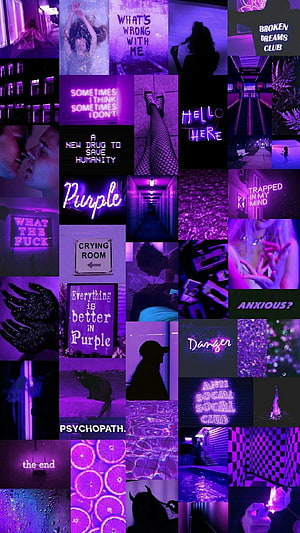 Dark Purple Aesthetic Collage with Neon Text and Moody Urban Scenes HD phone wallpaper