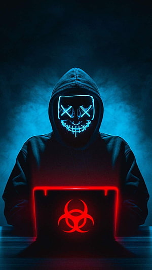 Anonymous Guy Fawkes Mask Hacker with Glowing Laptop and Biohazard Symbol HD phone wallpaper