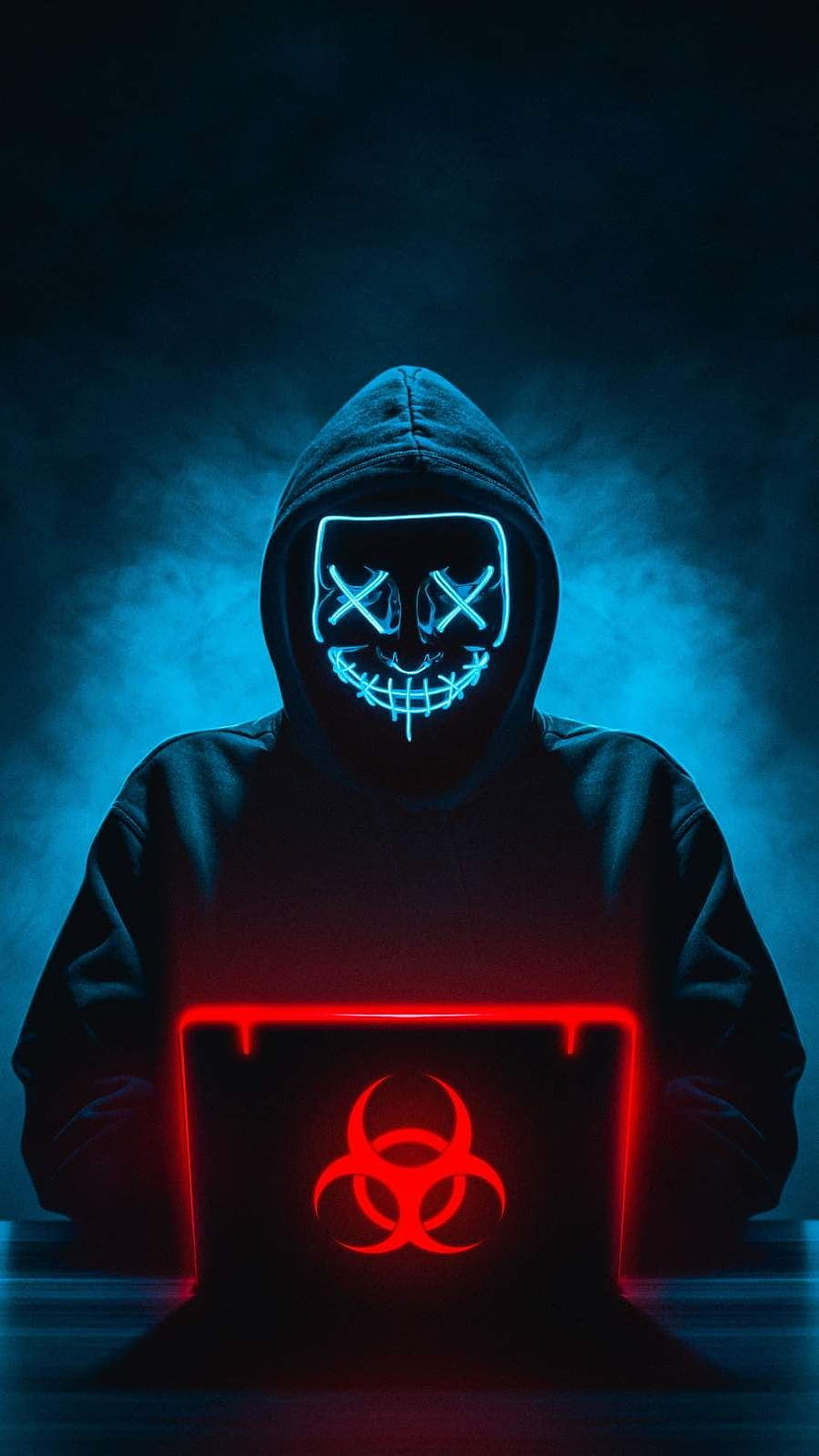 Anonymous Guy Fawkes Mask Hacker with Glowing Laptop and Biohazard Symbol HD phone wallpaper