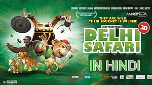 Delhi Safari Animated Movie Poster Featuring Wild Animals and a Jeep in a Lush Green Jungle Setting HD wallpaper
