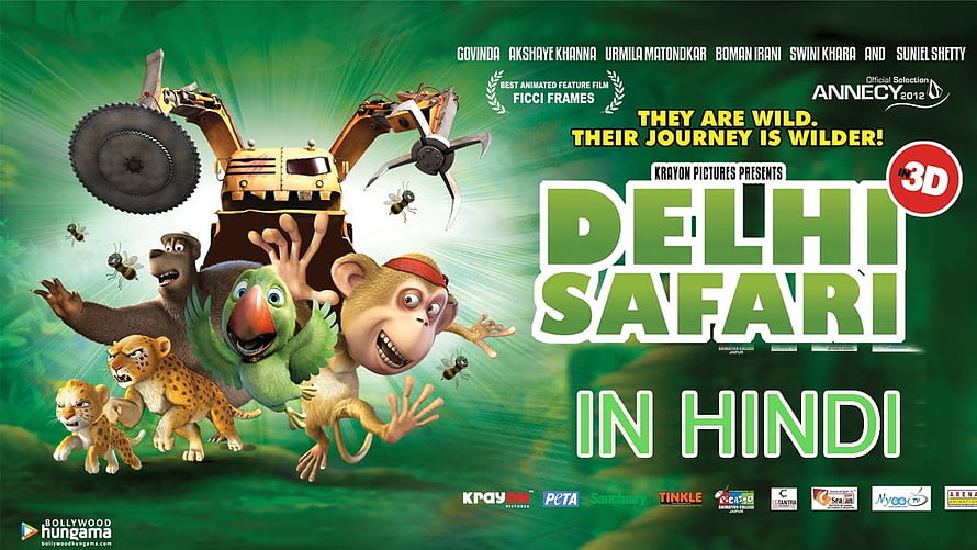 Delhi Safari Animated Movie Poster Featuring Wild Animals and a Jeep in a Lush Green Jungle Setting HD wallpaper