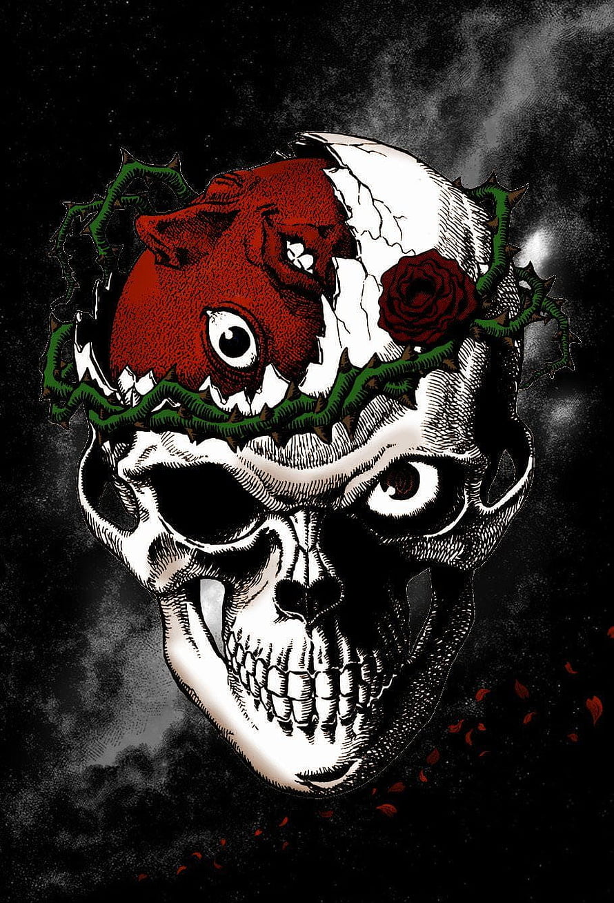 Berserk Behelit Skull with Thorned Rose and Red Demon Face on Dark Background HD phone wallpaper