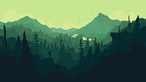 Silhouette of a Hiker Standing on a Cliff Overlooking a Misty Green Forest and Mountain Range HD wallpaper