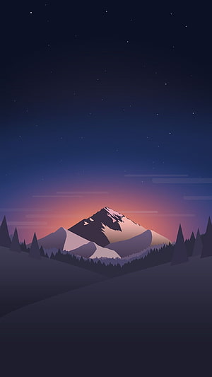Minimalist Vector Mountain Landscape at Night with Starry Sky and Pine Forest HD phone wallpaper