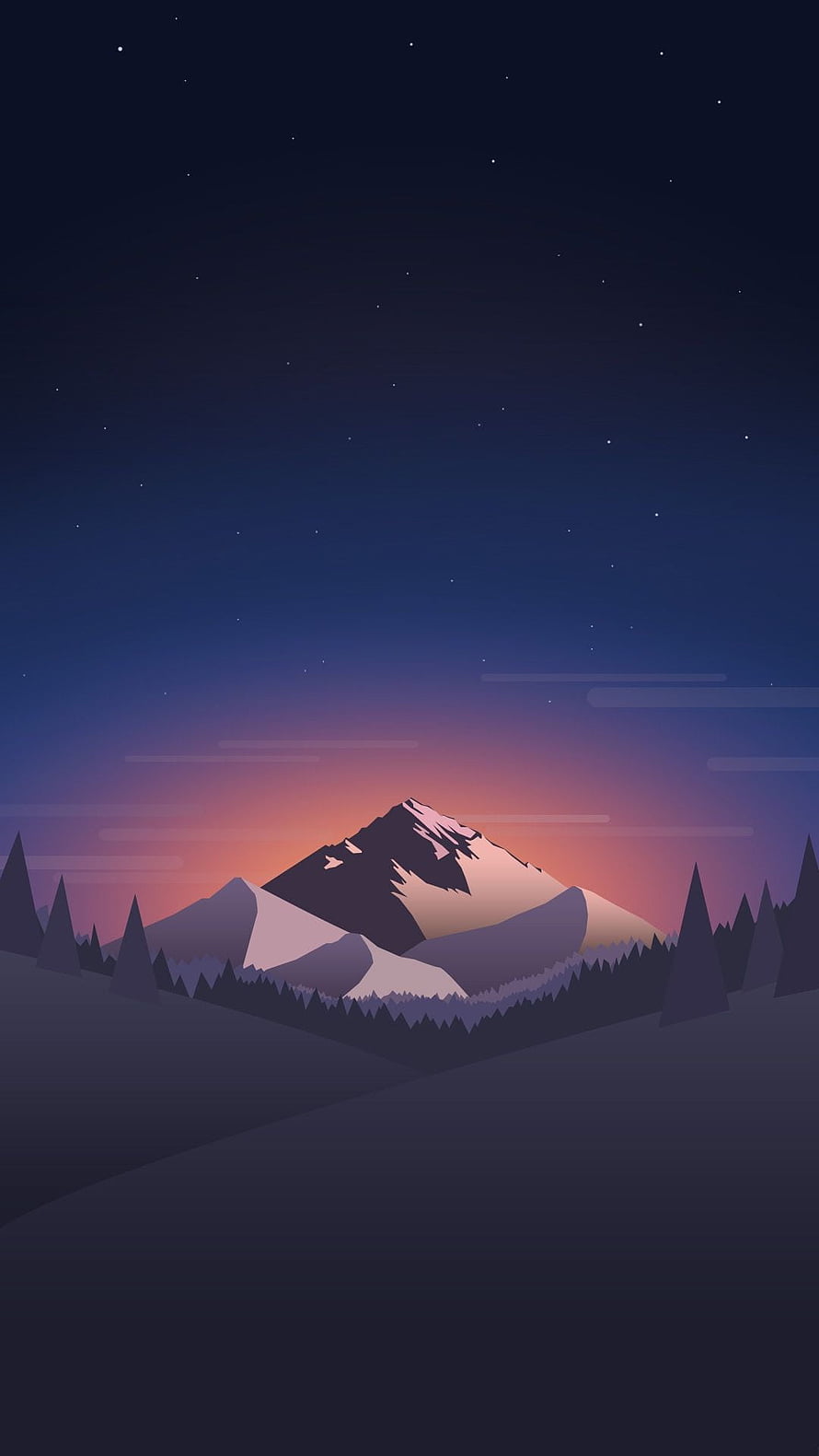 Minimalist Vector Mountain Landscape at Night with Starry Sky and Pine Forest HD phone wallpaper
