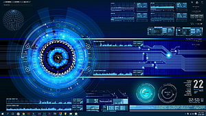 Futuristic Blue Digital Interface With Circular HUD And Data Analytics Dashboard HD wallpaper