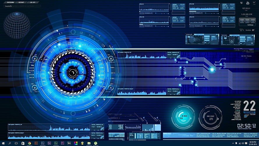 Futuristic Blue Digital Interface With Circular HUD And Data Analytics Dashboard HD wallpaper