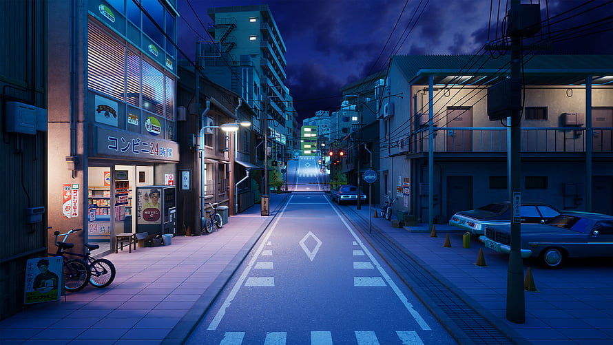 Lo-fi Anime Style Japanese City Street at Night with Neon Lights and Convenience Store HD wallpaper
