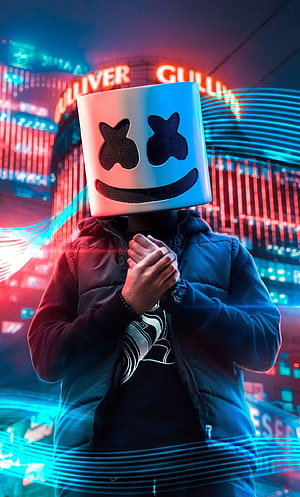 Marshmello DJ in Neon Cyberpunk City Night with Glowing Lights HD phone wallpaper
