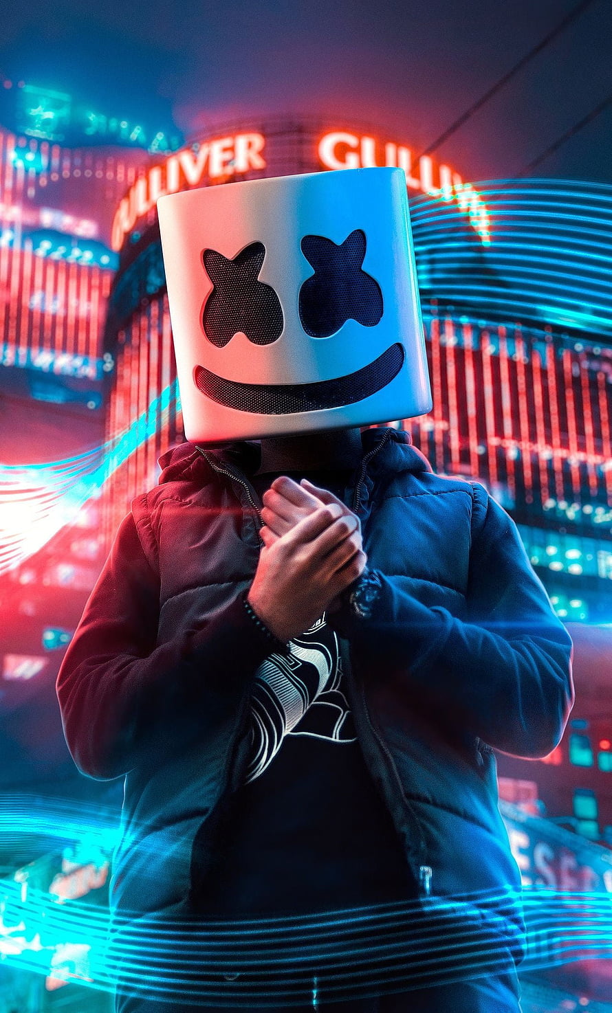Marshmello DJ in Neon Cyberpunk City Night with Glowing Lights HD phone wallpaper