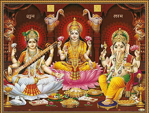 Saraswati, Lakshmi, and Ganesha Hindu Deities Sitting on Lotus Flowers with Musical Instruments and Offerings HD wallpaper