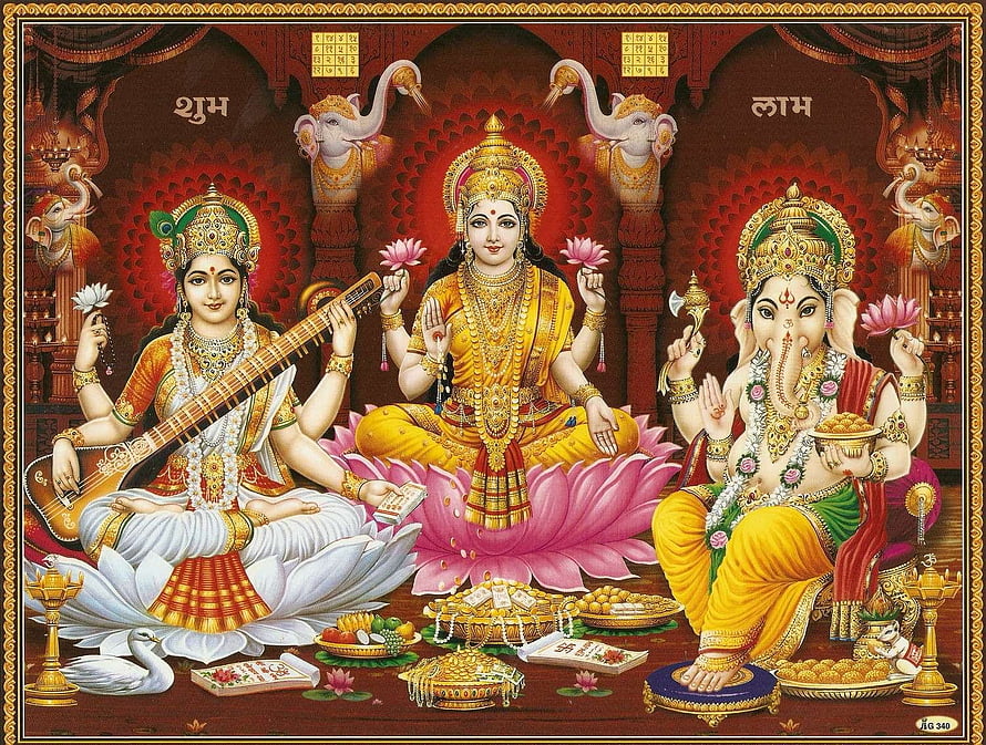 Saraswati, Lakshmi, and Ganesha Hindu Deities Sitting on Lotus Flowers with Musical Instruments and Offerings HD wallpaper