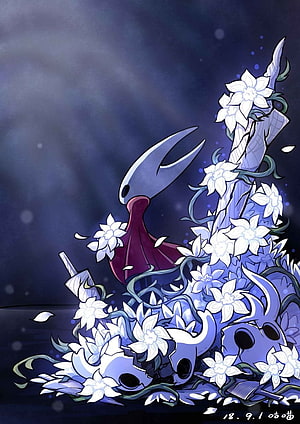 Hollow Knight Hornet Character Art Surrounded by White Flowers and Skulls HD phone wallpaper