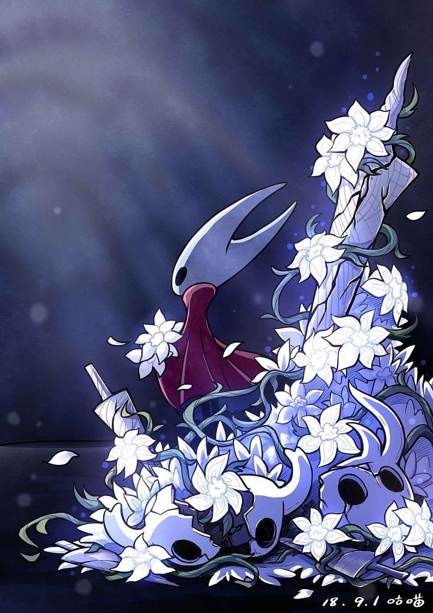 Hollow Knight Hornet Character Art Surrounded by White Flowers and Skulls HD phone wallpaper