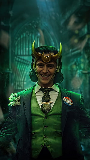 Loki God of Mischief in Green Suit and Horned Helmet Portrait HD phone wallpaper