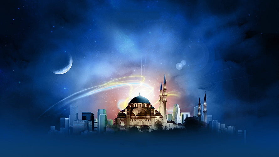 Illuminated Mosque Silhouette Against Starry Night Sky With Crescent Moon And City Skyline HD wallpaper