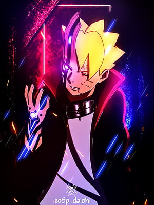 Boruto Uzumaki with Karma Mark in Neon Cyberpunk Style Anime Illustration HD phone wallpaper