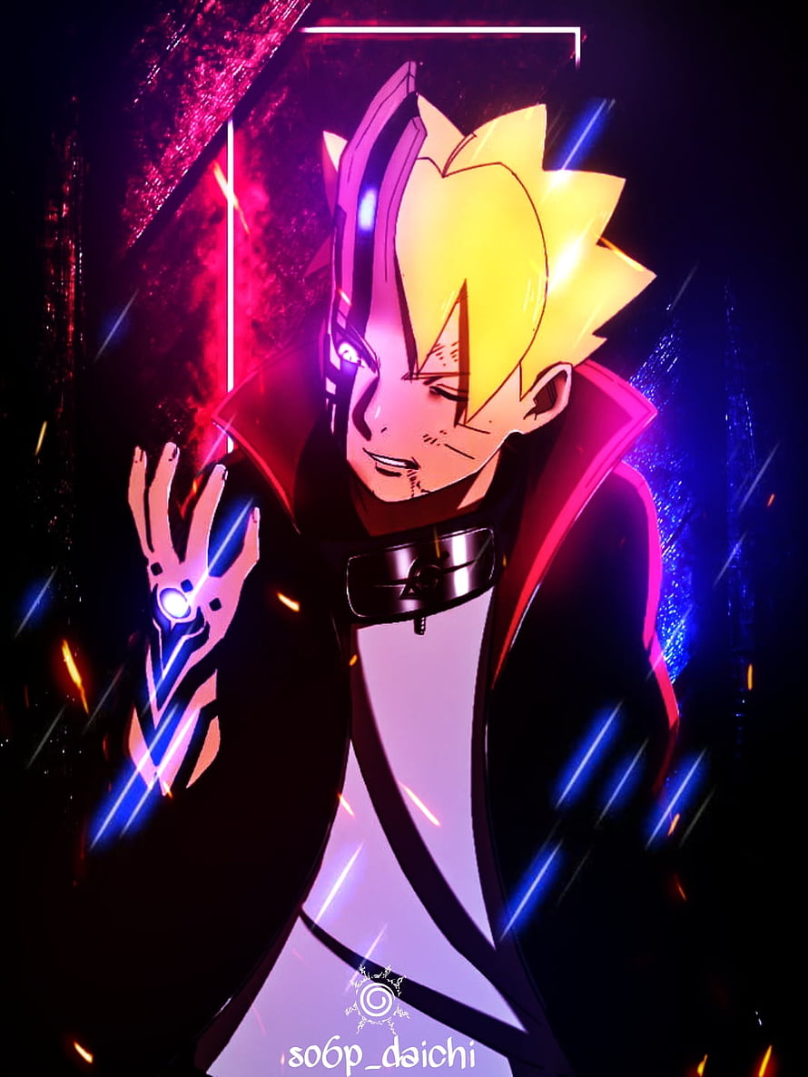 Boruto Uzumaki with Karma Mark in Neon Cyberpunk Style Anime Illustration HD phone wallpaper