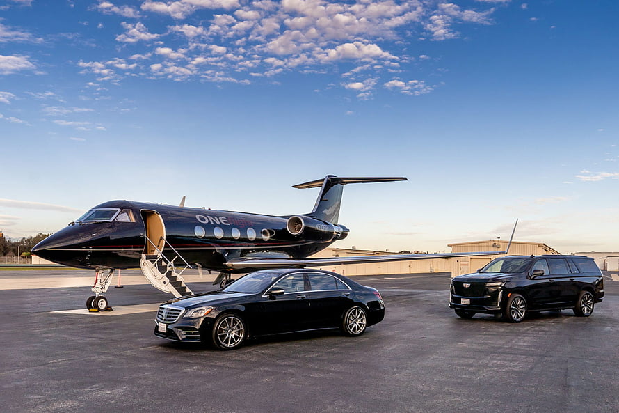 Luxury Private Jet and Black Cars on Airport Tarmac HD wallpaper