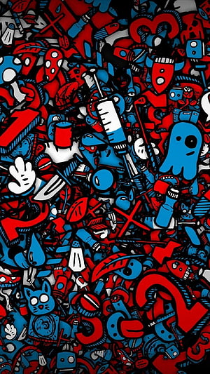 Abstract Red and Blue Doodle Art Wallpaper with Syringe, Ghost, and Cat Motifs HD phone wallpaper