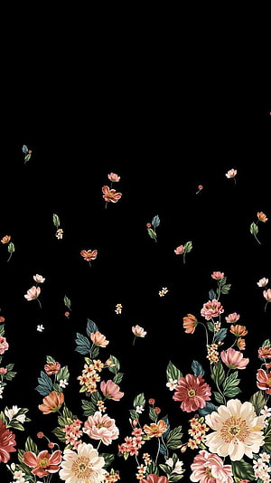 Elegant Vintage Botanical Illustration with Pink and Peach Flowers on Black Background HD phone wallpaper