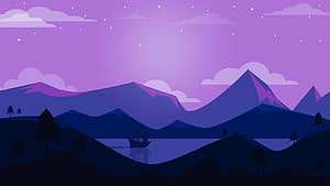 Purple Night Landscape With Mountains, Lake, and Silhouette Ship HD wallpaper
