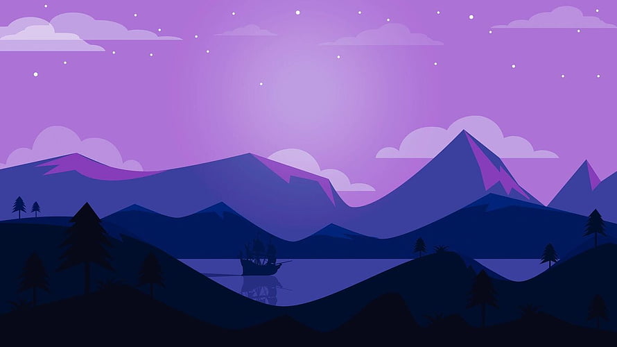 Purple Night Landscape With Mountains, Lake, and Silhouette Ship HD wallpaper