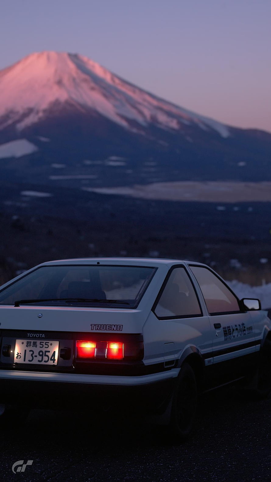 Toyota AE86 Trueno parked with Mount Fuji in the background at dusk HD phone wallpaper
